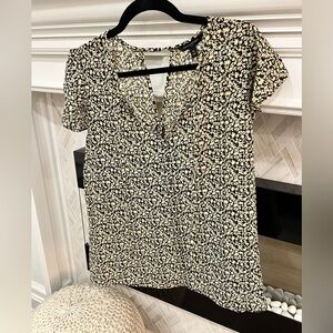 Banana Republic NEW Navy and Tan Floral Flutter Cap Sleeve Blouse Tie Front XL